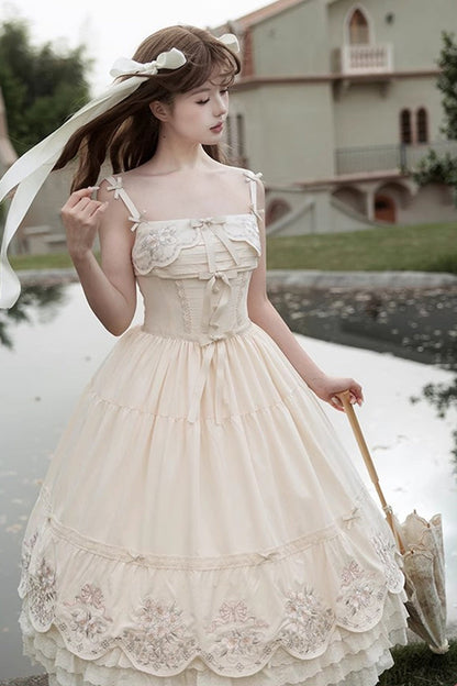 Apricot [Fantasy Butterfly] Triple-Layered Ruffle Embroidery Bowknot Lace Sweet Princess Lolita Jsk Dress