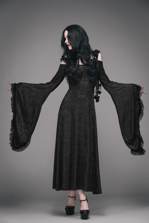 Black Gothic Big Cuffs Stretchy Floral Off The Shoulder Hooded Long Womens Dress