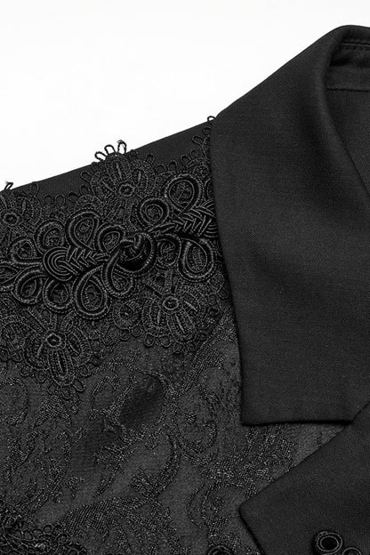 Black Lapel Collar Long Sleeves Frog Jacquard Embroidery Men's Gothic Coat