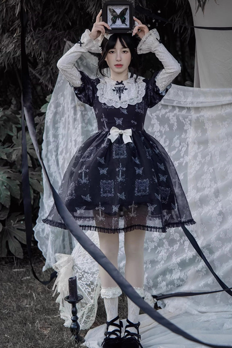 Black Embroidered Butterfly Print Gothic Lolita Dress