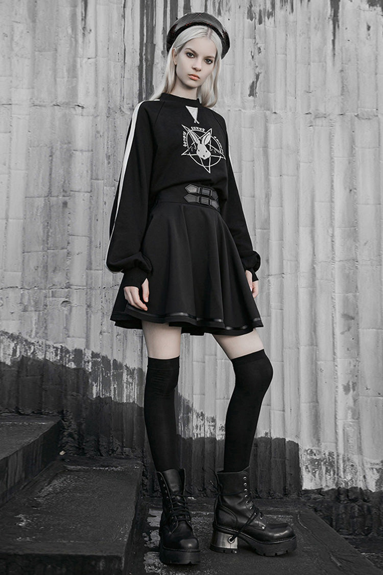 Black Casual High Waist Belted Women's Steam Punk Skirt