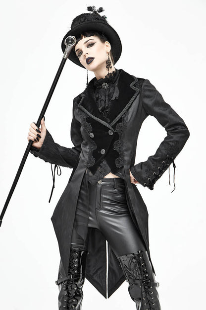 Black Front Decals Metal Button Lace-Up Cuff Dovetail Hem Striped Jacquard Women's Gothic Coat