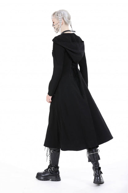 Black Long Sleeves Ruffled Lace-Up Women's Punk Long Jacket with Hood
