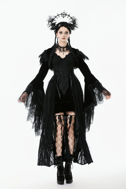 Black Lace Spliced Velvet Long Flared Sleeves Floral Feather Women's Gothic Cape