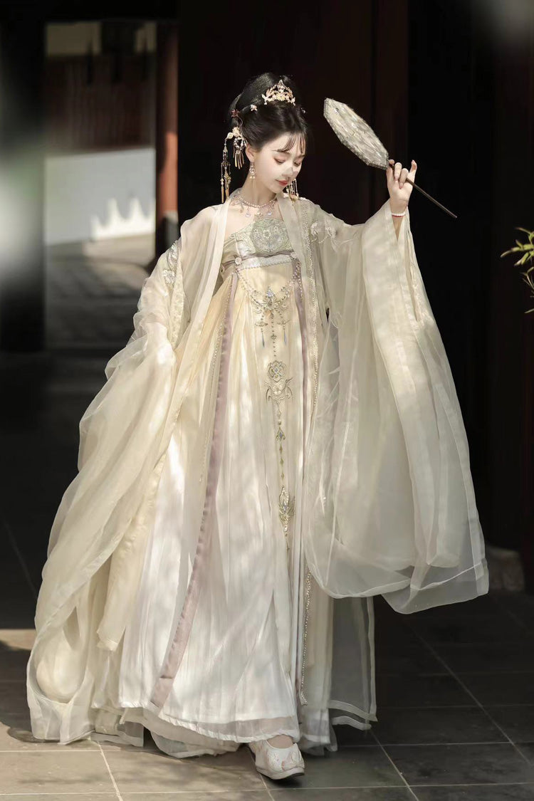 Beige Long Sleeves Embroidery Pearl Chain Sweet Tang-style Hanfu Hezi Dress Set