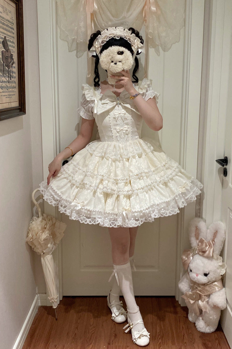 Beige [Sweet Mist Cherry Romance] Sleeveless Multi-Layered Hanayome Bow Lace Lolita Jsk Dress