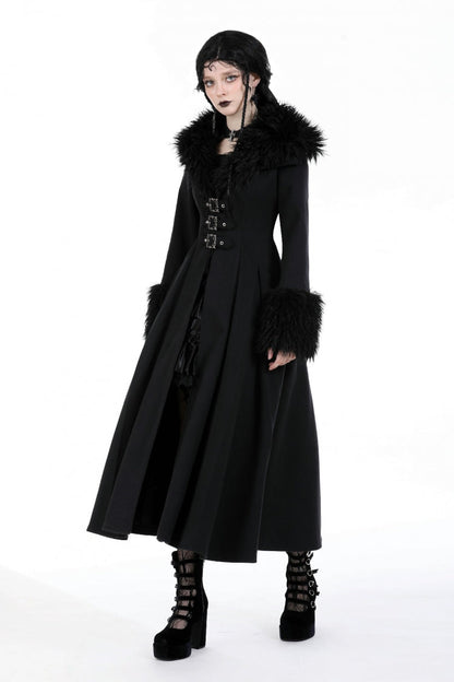 Black Long Sleeves Lace-Up Buckled Women's Gothic Draped Coat with Faux Fur Collar