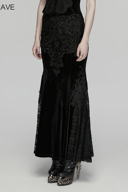 Black Cut-Out Embroidered Lace Slim Fishbone Women's Gothic Elegant Gorgeous Skirt