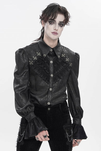 Black Cross Spider Turn-down Collar Long Trumpet Sleeves Printed Lace Men's Gothic Shirt
