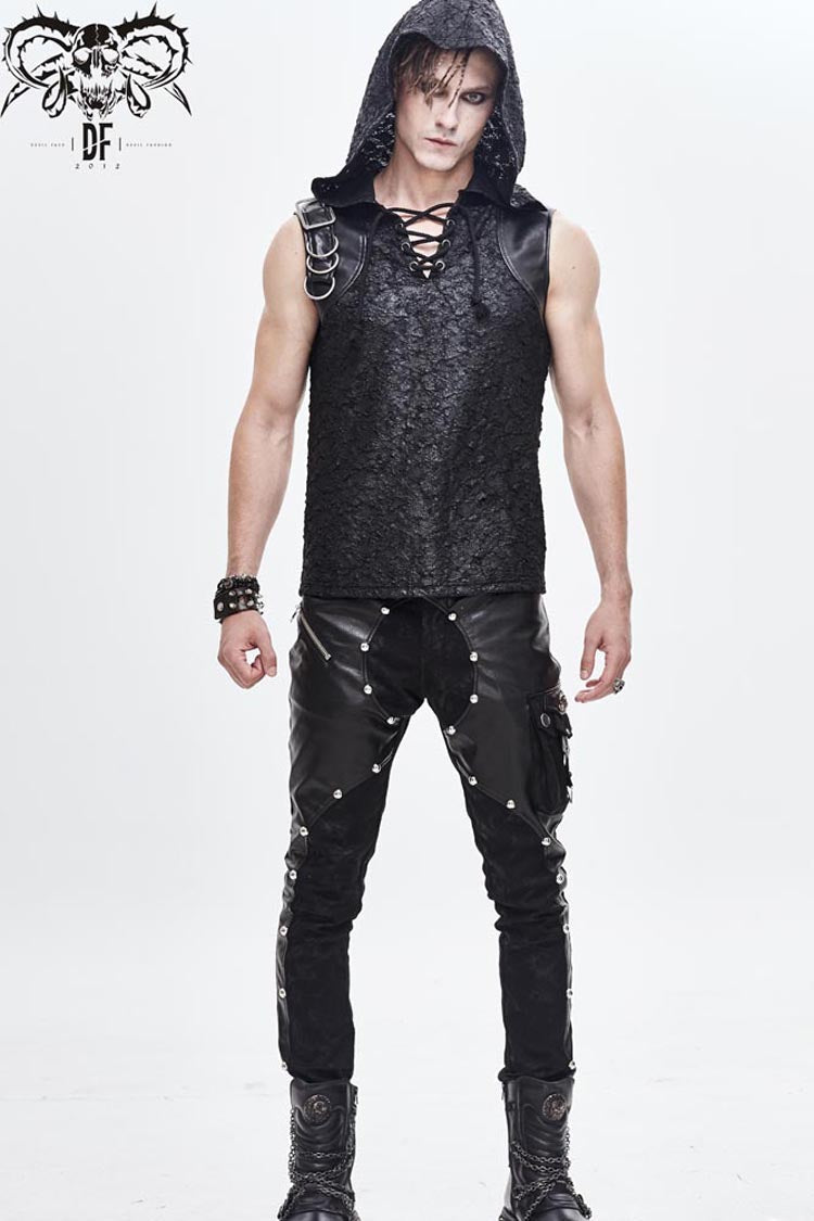 Black Hooded Tattered Chest Lace Up Metal Buckle Knit Men's Punk Vest