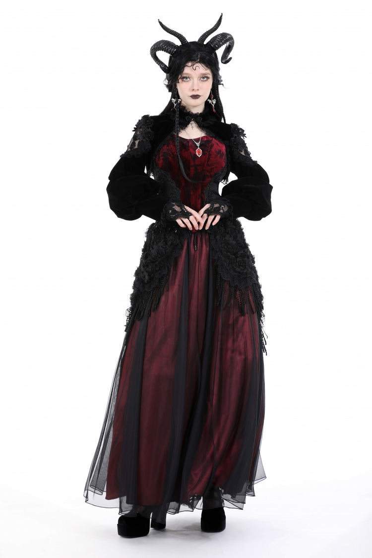 Black Long Lantern Sleeves Lace Spliced Velvet Women's Gothic Cape