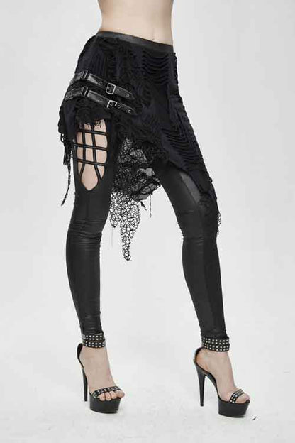 Black Fake Two Pieces Ripped Skirts Sexy Leggings Womens Pants
