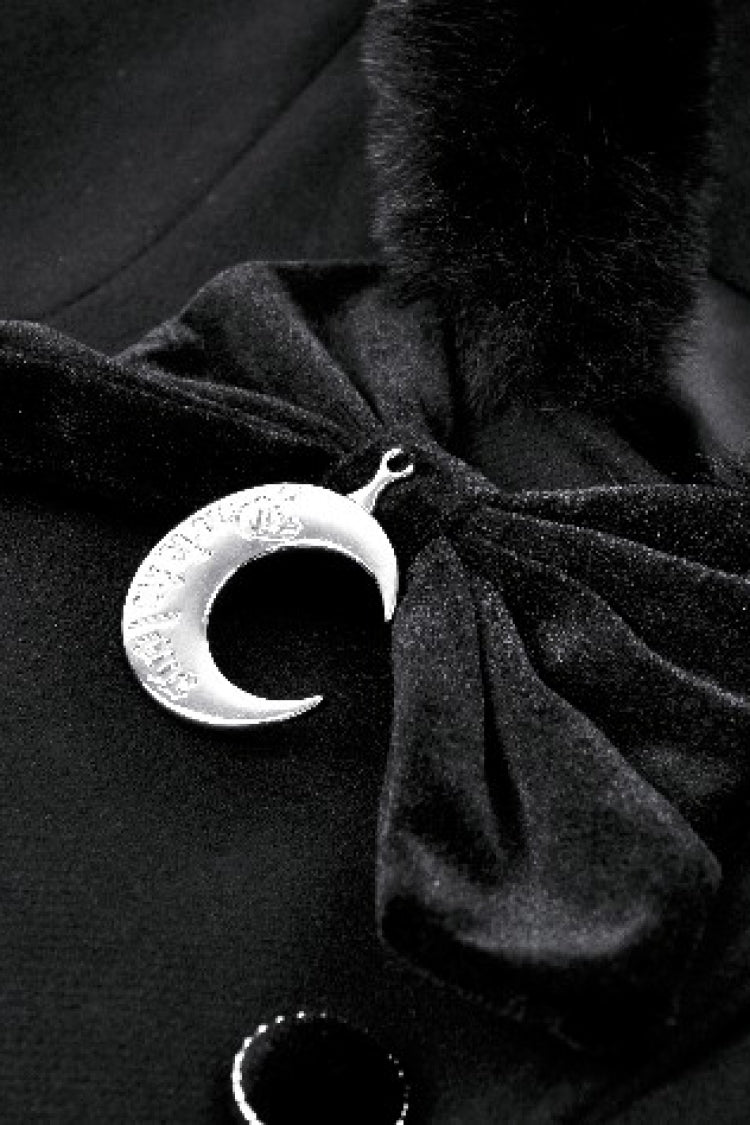 Black Long Sleeves Crescent Moon Bow Spliced Double-breasted Women's Gothic Coat with Cat Ear Hood