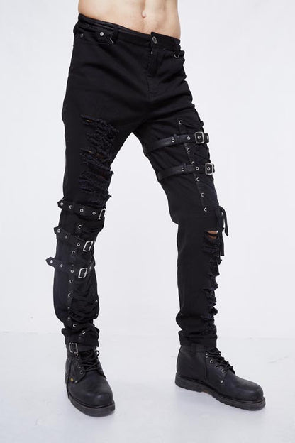 Black Asymmetric Loops Ragged Punk Rock Broken Holes Bandage Mens Pants