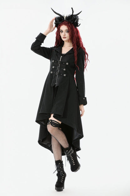 Black Lapel Collar Long Sleeves Lace-Up Irregular Bouble-breasted Buckle-up Women's Gothic Coat