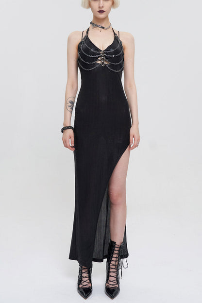 Black Chest Cutout Chain Halter Neck Lace High Slit Long Women's Punk Dress