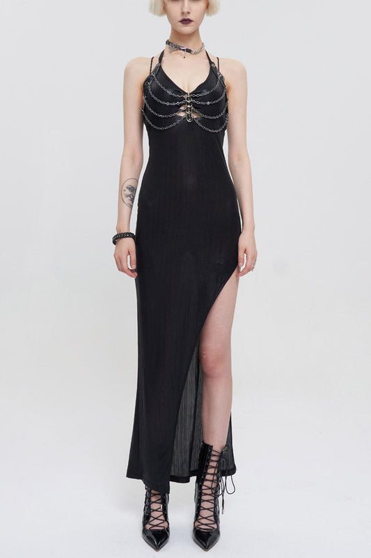 Black Chest Cutout Chain Halter Neck Lace High Slit Long Women's Punk Dress