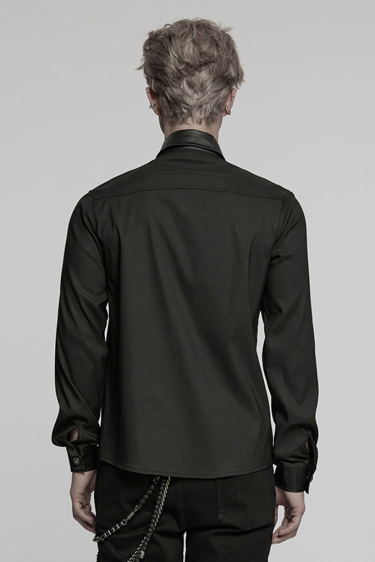 Black Lapel Collar Long Sleeves Faux Leather Stitching Buckle Men's Punk Blouse