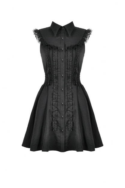 Black Lapel Collar Sleeveless Lace Women's Gothic Button-Front Dress Graduation Dress