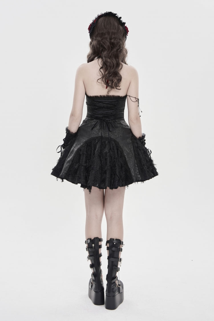 Black Off Shoulder Sleeveless Printed Spliced Lace Lace-Up Pleated Women's Gothic Dress