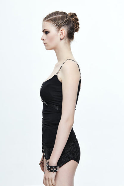 Black Cotton Womens Punk T-Shirt (Two Ways To Wear)