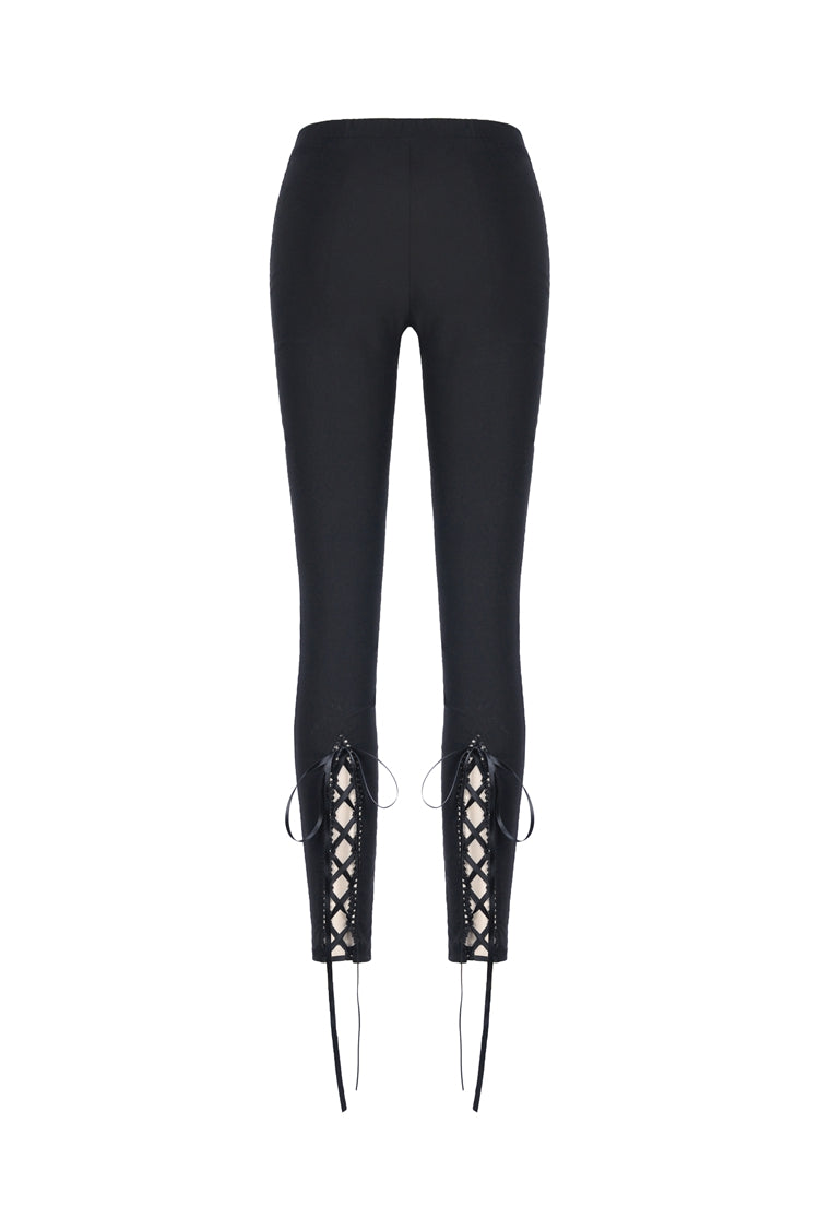 Black Floral Cut-Out Lace-Up Women's Gothic Leggings