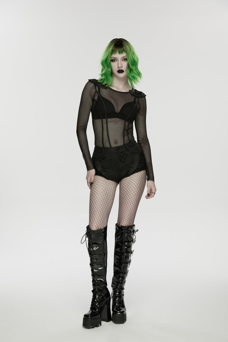 Black Low Waisted Cut-Out Irregular Eyelet Women's Punk Shorts