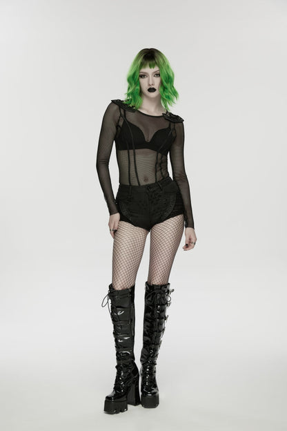 Black Low Waisted Cut-Out Irregular Eyelet Women's Punk Shorts