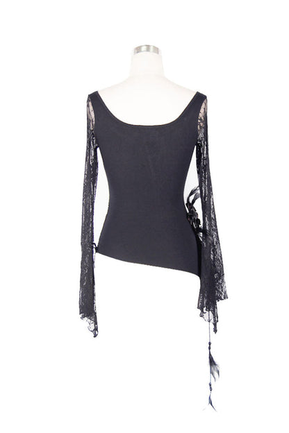 Black Front Chest Rose Decoration Flare Sleeve Irregular Lace Hem Knit Women's Gothic T-Shirt