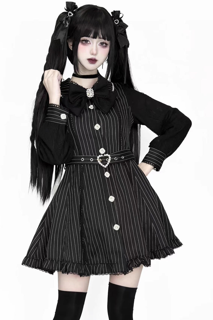 Black Long Sleeves Stripe Print Removable Cape Ruffle Lace Gothic Jirai Kei Elegant Dress