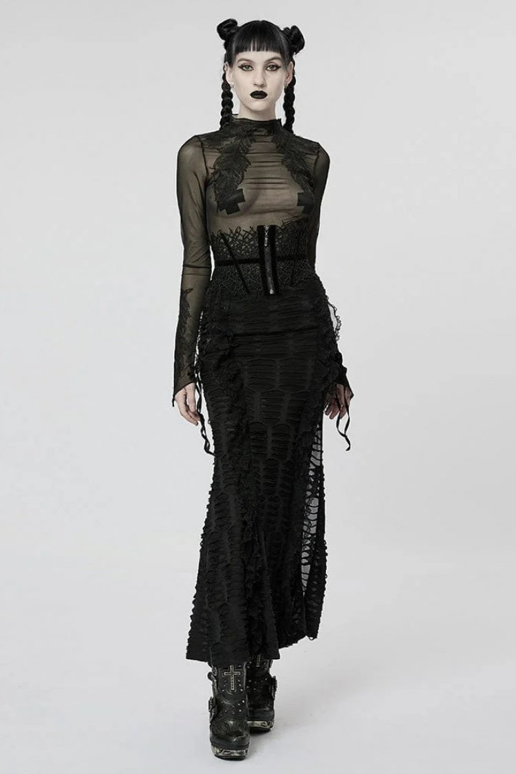 Black Mid High Collar Long Sleeves Slim Mesh Womens Gothic Blouse