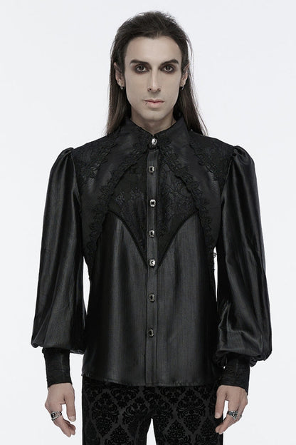 Black Long Puff Sleeves Spliced Lace Men's Gothic Shirt