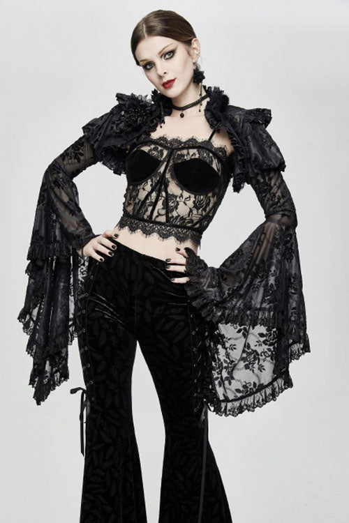 Black Adjustable Flocking Ribbons Decorated Lace Halter Gothic Corset