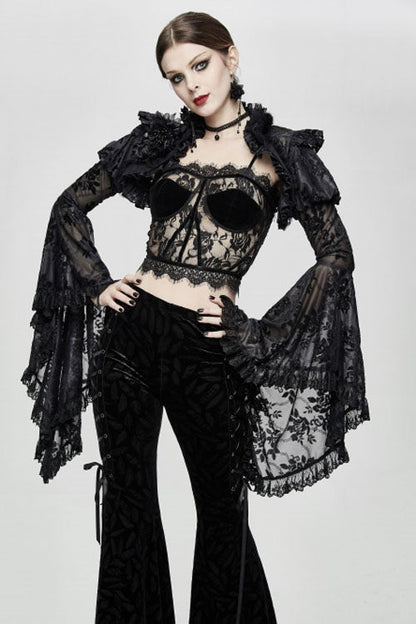 Black Adjustable Flocking Ribbons Decorated Lace Halter Gothic Corset