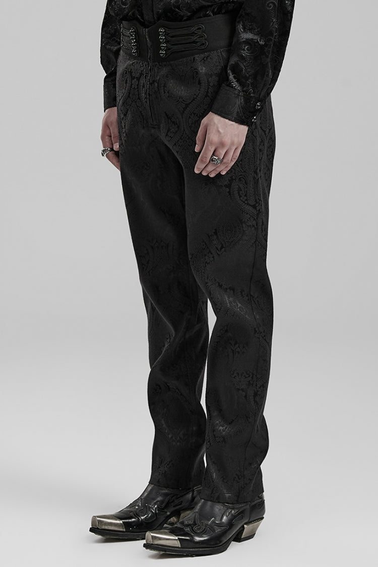Black Jacquard Floral Print Decal Decoration Men's Gothic Pants