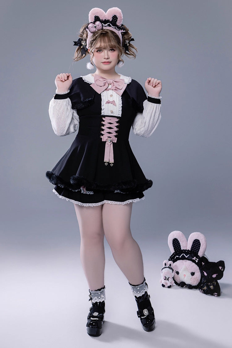 Black Long Sleeves Ruffle Bowknot Lace-Up Japanese Jirai Kei Dress Shorts Plush Set