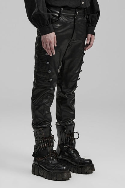 Black Metal Buckles Faux Leather Men's Steampunk Pants
