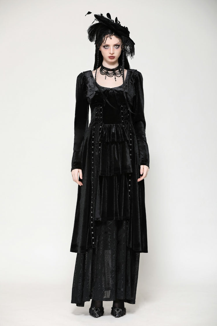 Black Long Sleeves Eyelets Side Slit Women's Gothic Maxi Dresses Wedding Dress