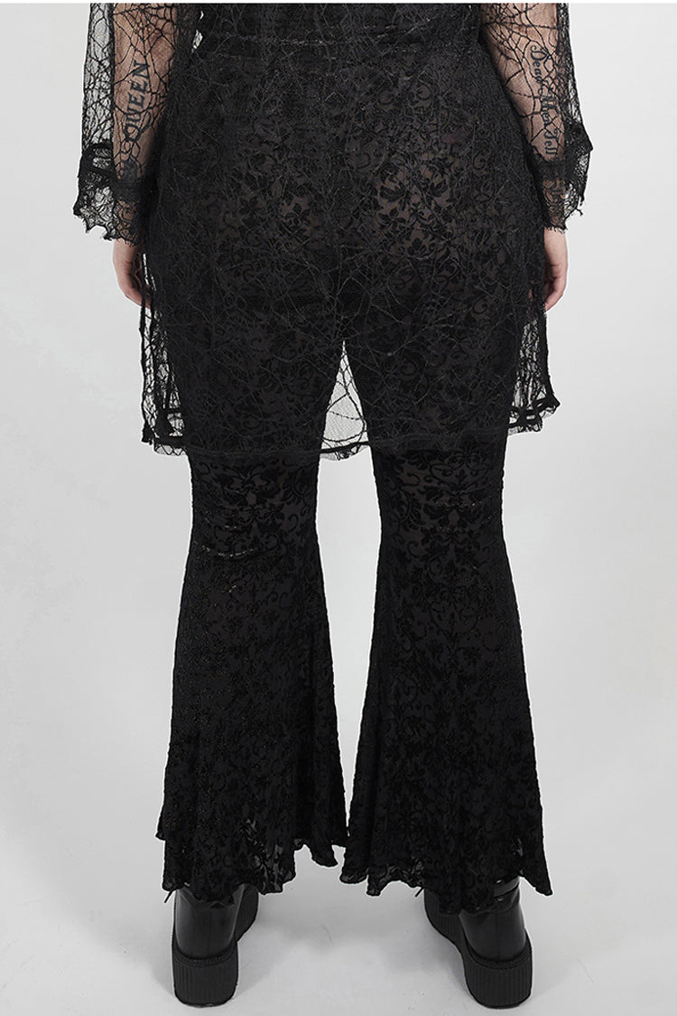 Black Plus Size Velvet Print Front Decals Knit Flare Women's Gothic Pants