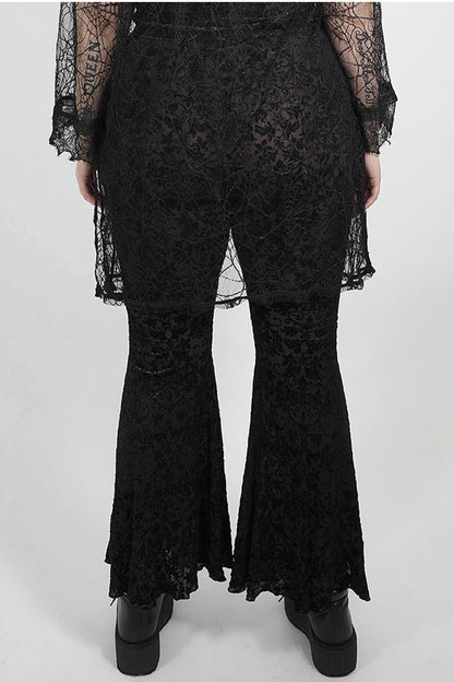 Black Plus Size Velvet Print Front Decals Knit Flare Women's Gothic Pants