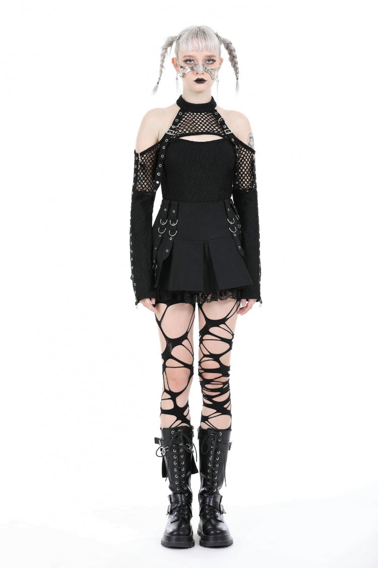 Black Off Shoulder Long Sleeves Cut-Out Spliced Mesh Women's Punk Top