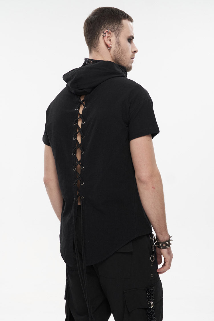 Black Hooded Mesh Splice Zipper Back Openwork Lace-Up Casual Short Sleeve Men's Punk T-Shirt