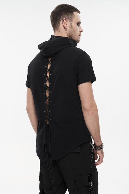 Black Hooded Mesh Splice Zipper Back Openwork Lace-Up Casual Short Sleeve Men's Punk T-Shirt