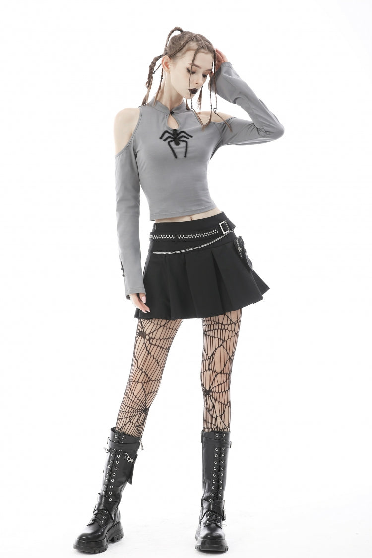 Black Pleated Big-pocket Chain-Decorated Women's Punk Mini Skirt with Belt