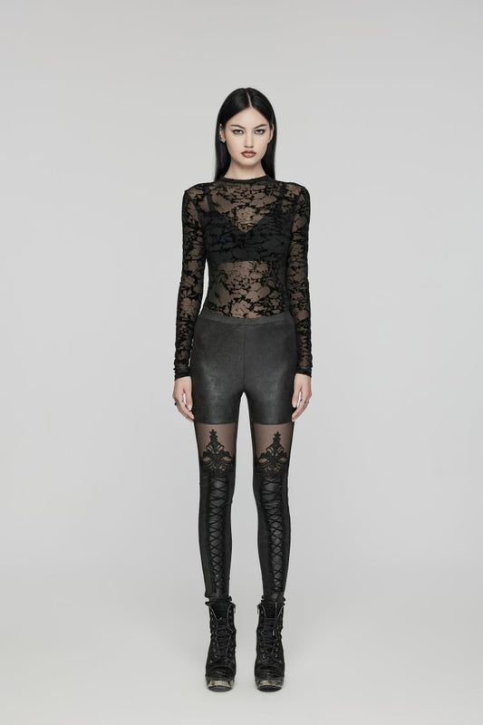 Black Embroidered Spliced Sheer Women's Gothic Leggings