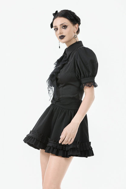 Black Point Lapel Collar Short Puff Sleeves Women's Gothic Blouse with Removable Rosette Cravat