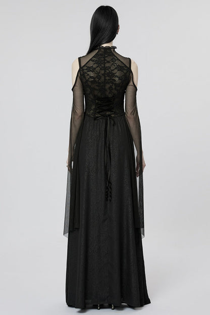 Black Off Shoulder Print Stitching Irregular Mesh Women's Gothic Dress
