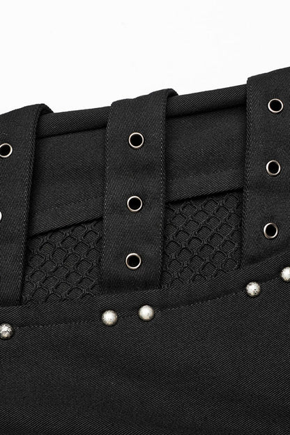 Black Eyelet Stitching Metal Mesh Women's Steampunk Fluffy Pants