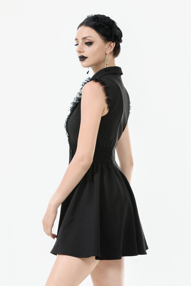 Black Lapel Collar Sleeveless Lace Women's Gothic Button-Front Dress Graduation Dress