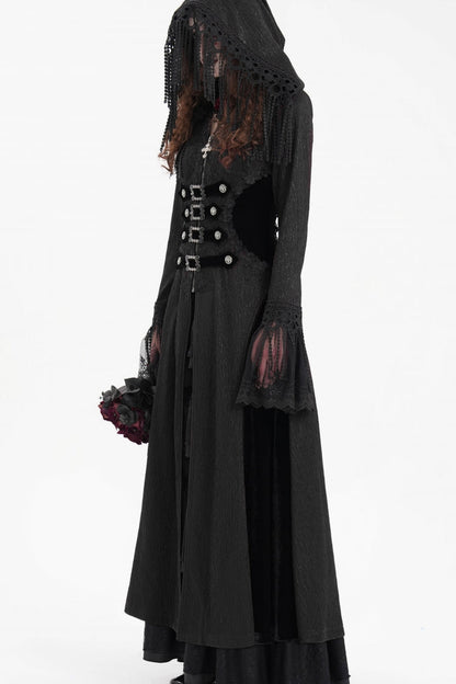 Black Buckle-up Tassels Hooded Women's Gothic Coat